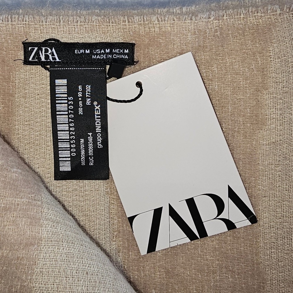 ZARA Geometric Pattern Scarf Wrap Shawl Beige Brown Neutral Oversized - Picture 6 of 7